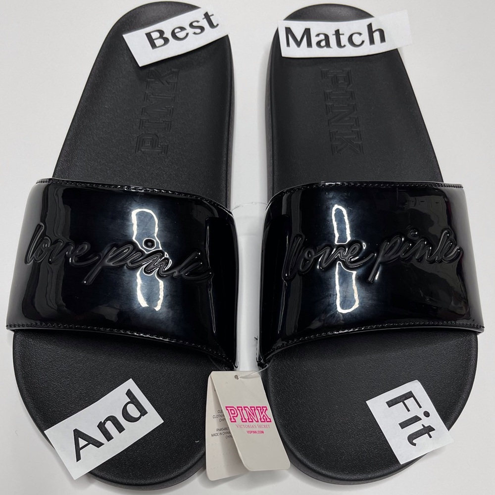 PINK Victoria’s Secret S M L Logo Slides Glazed Holographic Black